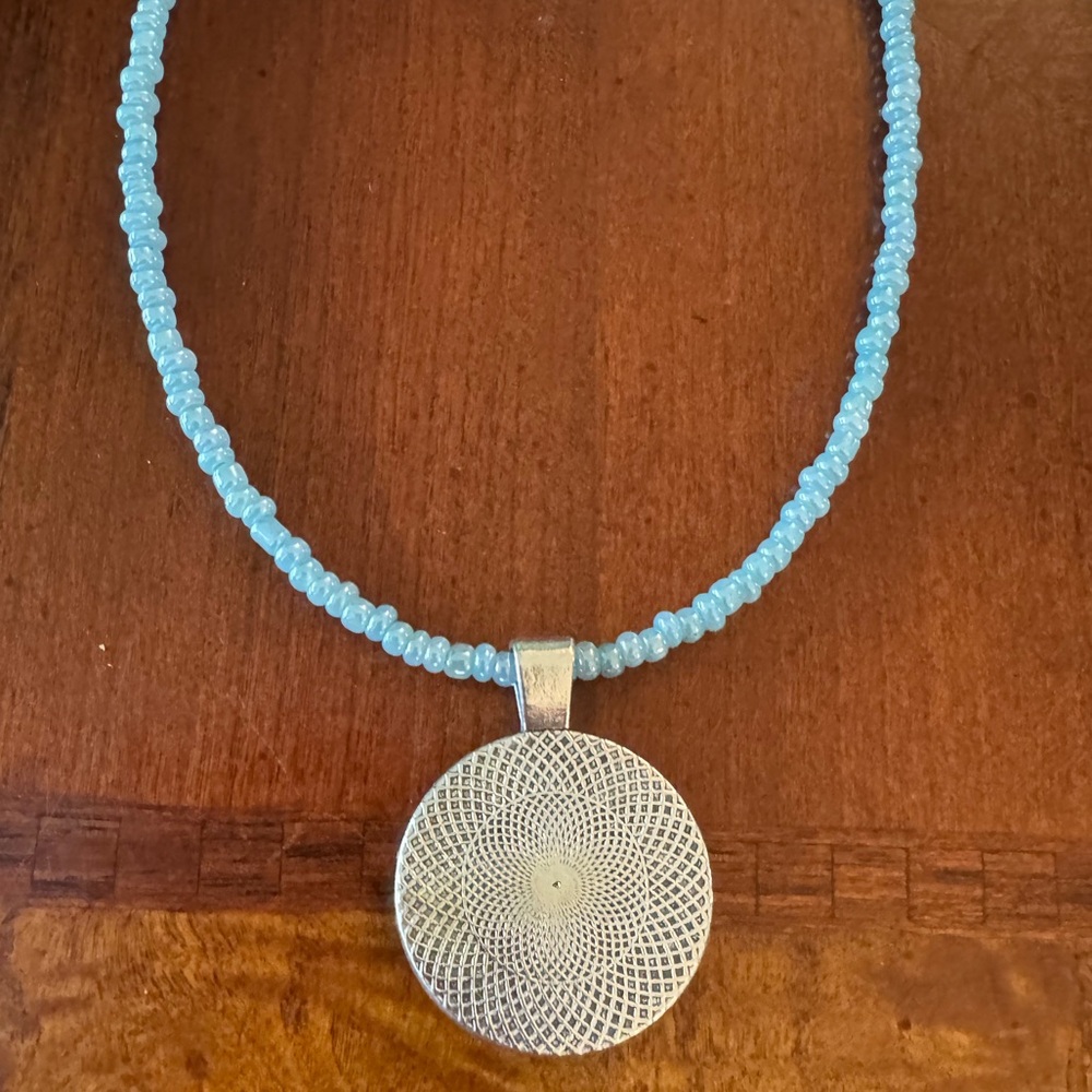 Moon Goddess & Blue Moon Cabochon Silver tone Pendant on Blue Beaded Necklace - Picture 5 of 7